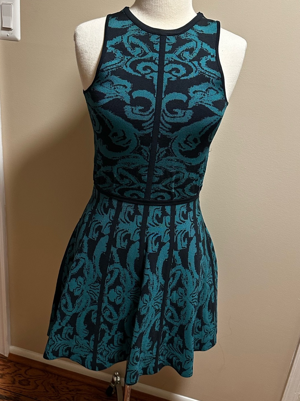 Parker Teal and Black Sleeveless Fit-and-Flare Dress
